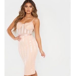 Dusty Pink Lace Detail Striped Mesh Midi Dress